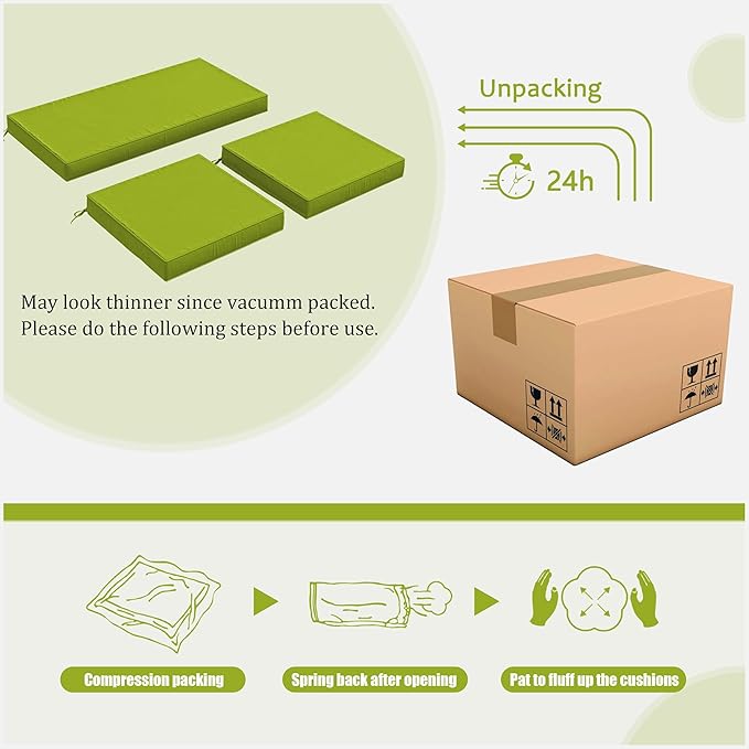 3 Pack Outdoor Replacement Cushions,36L x 18W x 3H,18L x 18W x 3H inch, High-Elastic Replacement Sponge for 4-Seater Water-Resistant Patio/Sofa with Removable Covers (Grass Green)