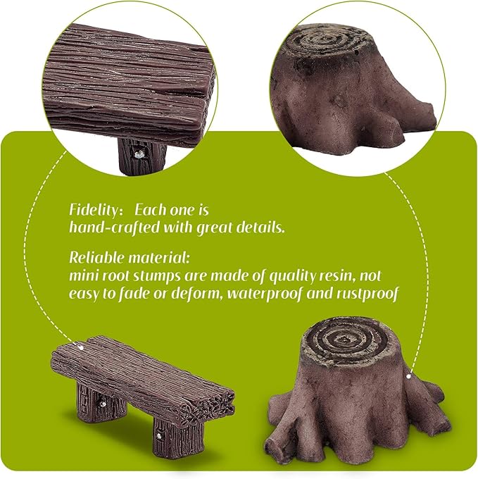 Skylety 12 Pieces Miniature Garden Ornaments, Includes 6 Pieces Retro Wooden Style Benches, 6 Artificial Mini Root Stump for Moss Terrariums Landscape Accessories Decorations