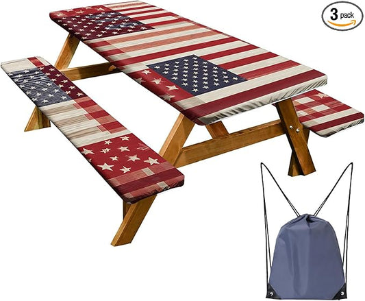 Picnic Table Cover with Bench Covers Set of 3 - Red White Blue Buffalo Plaid Flag Pattern, Elastic Fitted Tablecloth for 6 Ft Tables, Washable Polyester Cover for Camping, Indoor & Outdoor
