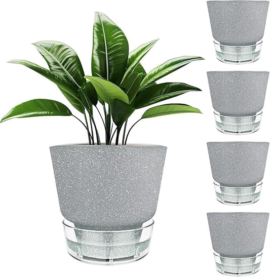 Plant Pots - 6" Orchid Pot, 5 Pack Orchid Pots with Holes - Self Watering Pots for Indoor Plants - Plant Pots with Drainage Hole and Tray Saucer (Frosted Gray)