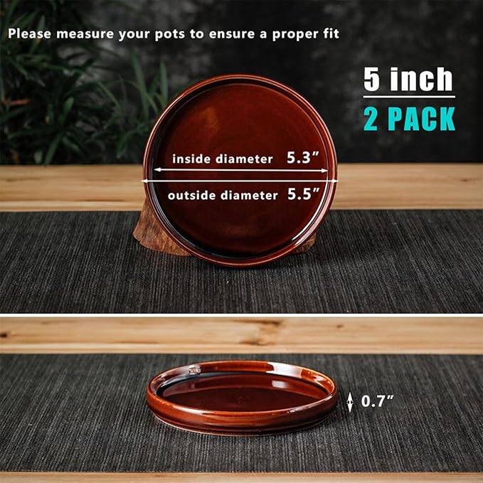 Ceramic Plant Saucer 5 Inch, 2 Pack Round Plant Saucers for Indoors/Outdoors, Flower Pot Saucers for Holding Water Drips, Ceramic Plant Water Trays for pots Planter (Reactive Glaze Brown)