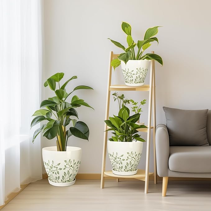 Ceramic Pots for Indoor Plants - 10+8+6 Inch Planters with Drainage Holes and Saucers, Decorative Boho Round Indoor Planters Pots, Room Decor, Gifts for Plant Lovers, Set of 3, White