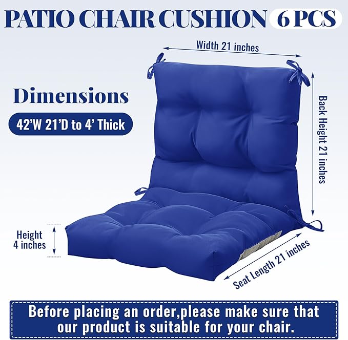 Marsui 6 Pcs Outdoor Indoor High Back Chair Cushions Patio Furniture Tufted Pillow with Ties All Weather Replacement Outdoor Rocking Chair Cushions, 42 x 21 Inches (Navy Blue)