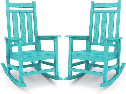 KINGYES Outdoor Rocking Chair Set of 2, All-Weather Patio Rocking Chairs for Porch, HDPE Rocking Outdoor Chairs with High Back for Adult, Heavy Duty Outdoor Patio Rockers for Garden, Lawn, Aruba