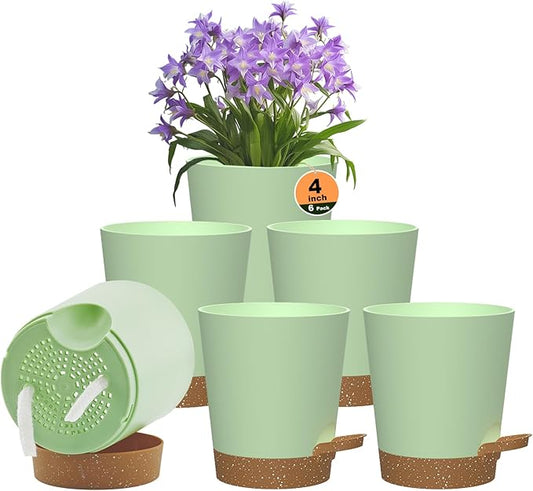 Self Watering Pots, 4 inch Flower Pots with Multi Mesh Drainage Holes, Small Platic Planters for Indoor Outdoor Garden Plants and Flowers (Green with Brown Tray, 4")