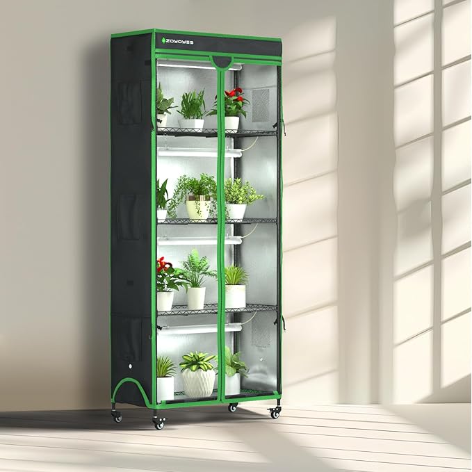 Indoor Greenhouse with Grow Light, 35.8" W x 17.8" D x 71.8" H, 5-Tier Plant Shelf with 3-Color T8 Growth Lights, Plant Stand with Smart Timing Plug and thermohygrometer