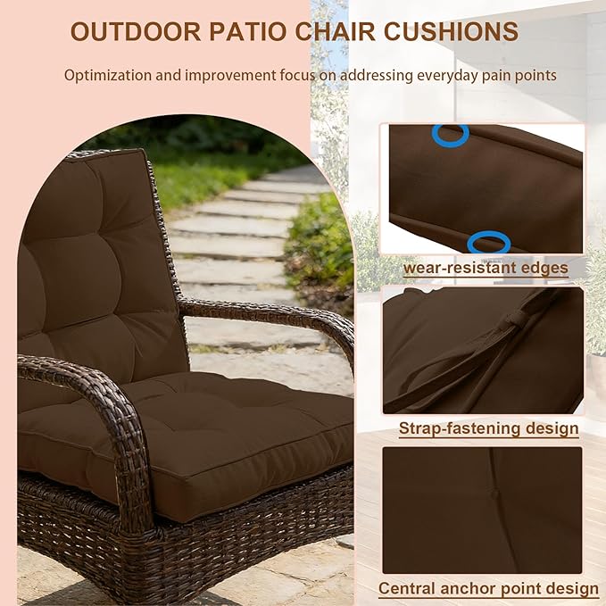 2 Piece Outdoor Patio Chair Cushions, Fade Resistant Outdoor Cushions for Patio Furniture, 6 inch Thickened Rocking Chair Cushions Set (Coffee Brown, 24x24x6 inch - 2 Pieces)