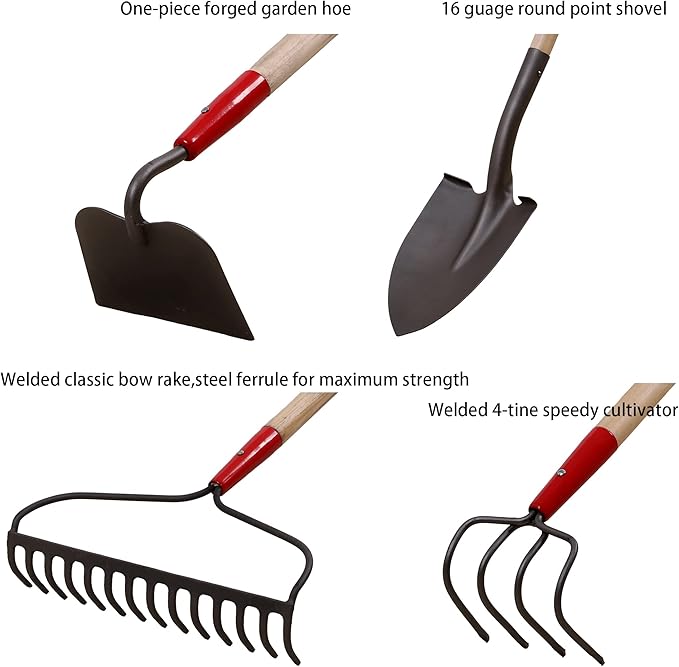 GardenAll 7-Piece Shovels Rakes Hoe Set Long Wood Handle Garden Tools Set Gifts for Women Pointy Shovels for Digging Short Handle Shovel Meteal Rakes Cultivator Set