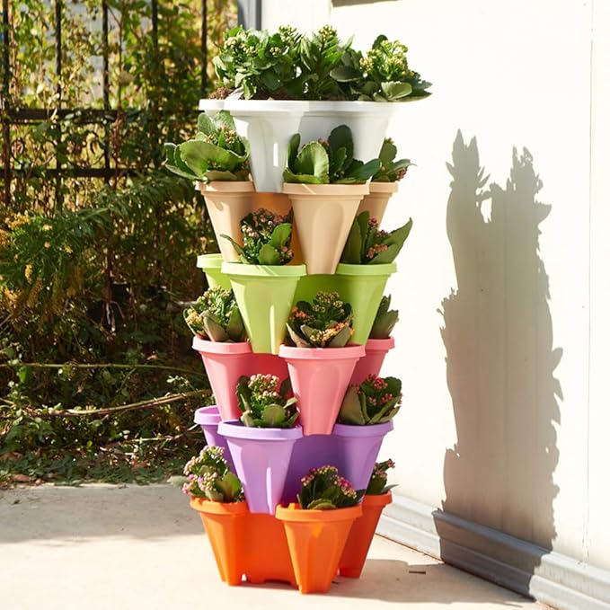 Vertical Planter 3 Tiered,Stackable Planters for Strawberry Herb Flower and Vegetable Stacking Garden Tower Gardening Pots with Removable Wheels and Bottom Indoor Outdoor