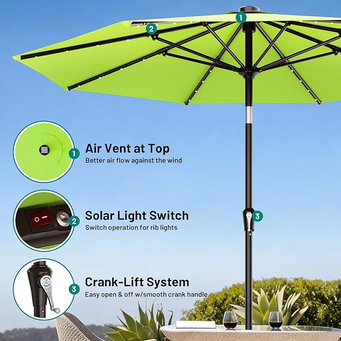 AreShark 9FT Patio Umbrella with Solar Lights, 32 LED Lighted Pool Umbrella w/Tilt and Crank, Outdoor Market Solar Umbrellas for Garden, Deck, Backyard, Pool and Beach, Apple Green