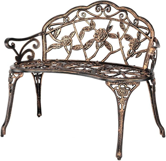 VINGLI 38.5" Patio Park Garden Outdoor Metal Rose Bench, 2-Person Cast Iron Cast Aluminium Frame Antique Finish Chair,Accented Lawn Front Porch Path Yard Decor Deck Furniture (Bronze, Rose)
