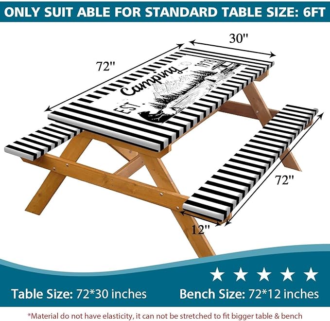 3PCS Picnic Table Cover with Bench Covers Black Stripe Bear Pattern Camping Tablecloth Fitted Picnic Picnic Table Cover with Elastic Windproof Waterproof, Outdoor Camping Accessories 60IN
