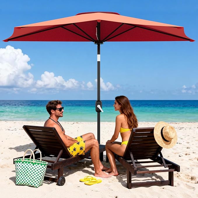Garvee Patio Umbrella 9FT - Half Umbrella Outdoor with Smooth Crank Lift, Outdoor Shade Canopy for Patio, Backyard, Garden, Deck, Balcony -Red