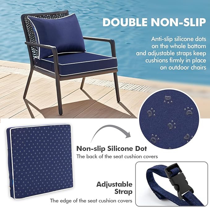 MIULEE Navy Outdoor Seat Cushion 22x22 Inch Waterproof & 3 Year Fade Resistant Deep Seat and Back Cushion for Patio Furniture Chair Sofa Couch with Handle and Adjustable Straps