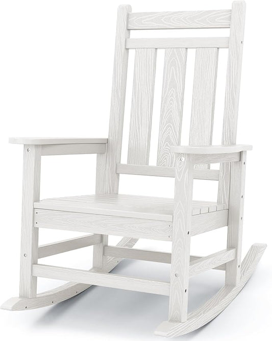 KINGYES Oversized Outdoor Rocking Chair, All-Weather Patio Rocking Chairs for Porch, HDPE Outdoor Patio Rockers with High Back & Wide Seat for Garden, Lawn, White