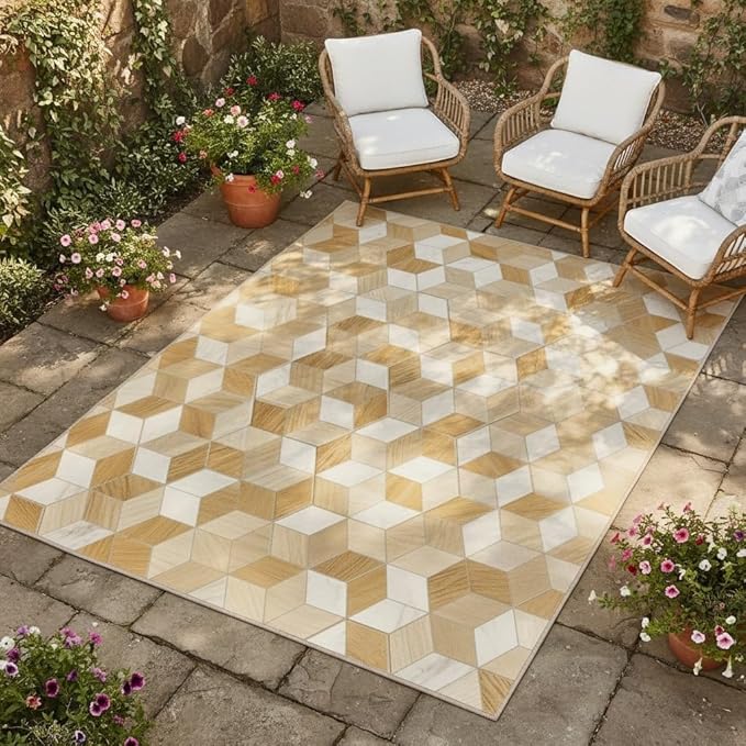 Rustic Imitation Wood Geometric Pattern Wood Grain 3x8 Outdoor Rug Brown Beige Wooden Board Print Outdoor Area Rug for Pool Patio Deck Garden Balcony Porch Non Slip Washable Outside Carpet Mat