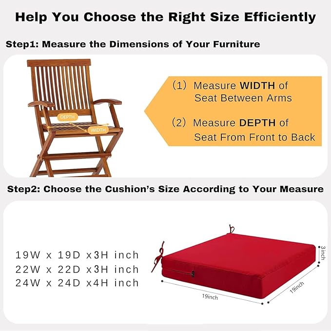 idee-home Outdoor Chair Cushions Set of 2, Waterproof Outdoor Seat Cushions for Patio Furniture, Outside Replacement Chair Pad with Ties for Lawn Deck Porch, 19 x 19 Red
