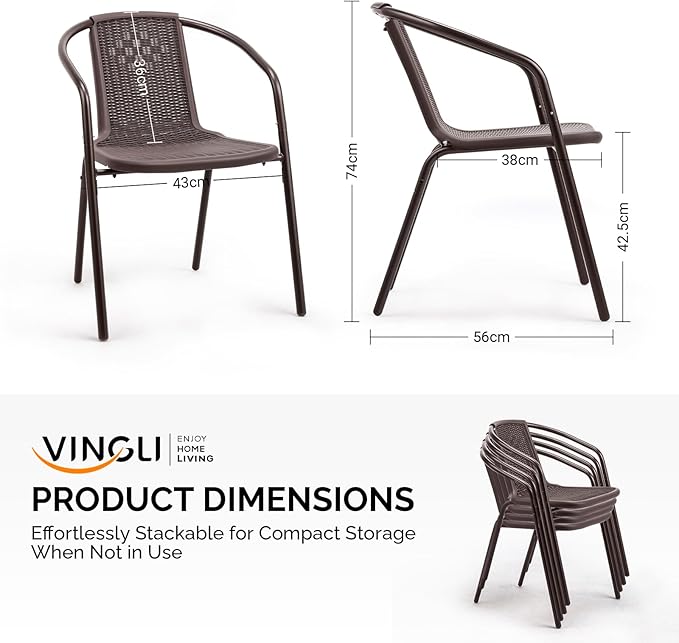 VINGLI Rattan Outdoor Dining Chairs Set of 4, Durable PE Plastic Stackable Patio Chairs with Comfortable Curved Back and Armrests for Indoor, Porch, Restaurant, Garden, Brown