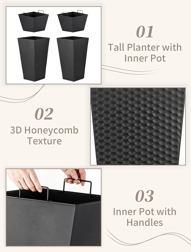 Sziqiqi Metal Tall Planter for Outdoor: Set of 2 Honeycomb 21.6in Large Taper Plant Pots with Inner Pots - Black Flower Pot with Drainage Holes for Indoor Outside Front Door Patio Garden Floor