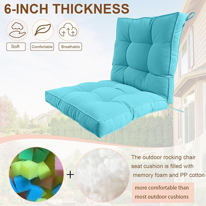 2 Piece Outdoor Patio Chair Cushions, Fade Resistant Outdoor Cushions for Patio Furniture, 6 inch Thickened Rocking Chair Cushions Set (Lake Blue, 24x24x6 inch - 2 Pieces)