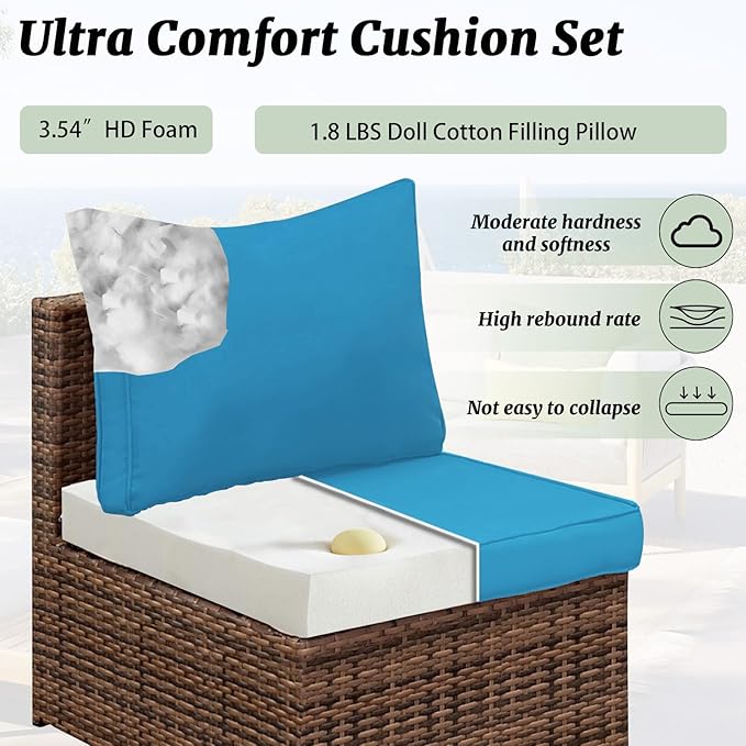 Outdoor Sectional Cushions Replacement Set, 26x26in Patio Furniture Cushions, 14 Pieces Waterproof Outdoor Couch Cushion for 6 Seat Wicker Conversation (Sky Blue)