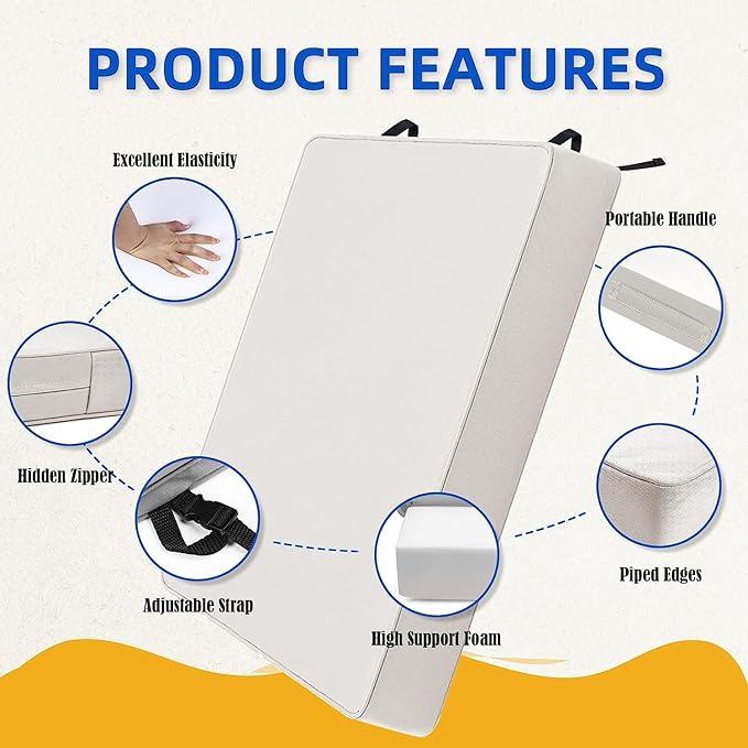 Patio Chair Cushions 24x24x4 Inch, Waterproof Outdoor Seat Cushions with Adjustable Straps & Handle, Thick High-Density Foam, Fade-Resistant, Machine Washable, 2 Pack Light Grey