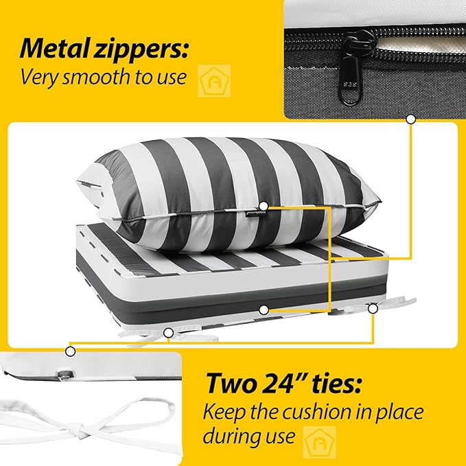 AAAAAcessories Outdoor Seat Cushions for Chairs, Fade-Resistant, Waterproof Patio Furniture Replacement Cushions, 24" x 24" x 5" + 24" x 19", Gray Cabana Stripe
