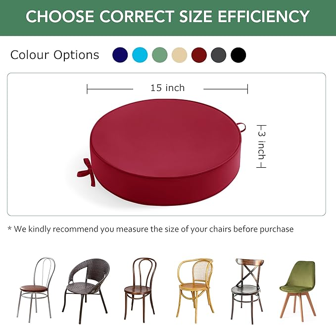 Outdoor Bistro Chair Cushions Set of 4, 15" D x 3" H Round Chair Cushions Waterproof and Fade Resistant Chair Cushion Pads with Non-Slip Ties and Removable Covers for Garden, Burgundy