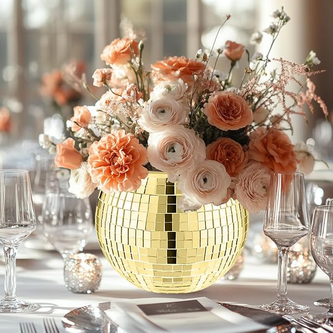 2 Pcs Disco Ball Vase,4.4 x 6 Inch Mirrored Disco Ball Planter,Disco Ball Candle Holders Perfect Disco Decorative Planters for Living Room Bedroom Table Wedding Party Birthday(Gold)