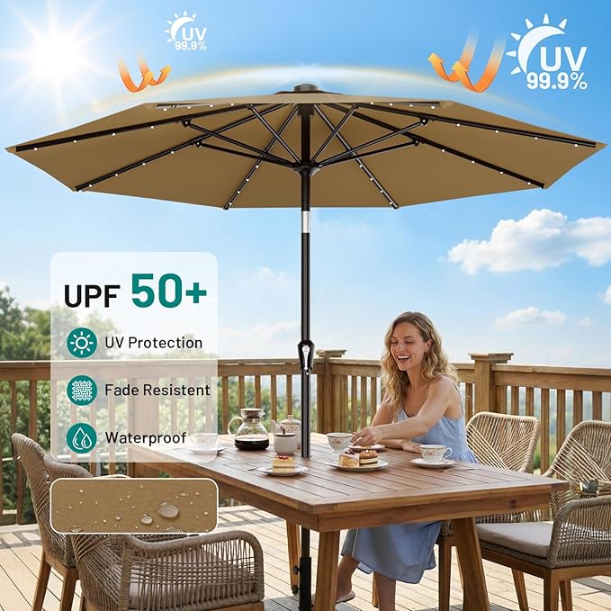 AreShark 9FT Patio Umbrella with Solar Lights, 32 LED Lighted Pool Umbrella w/Tilt and Crank, Outdoor Market Solar Umbrellas for Garden, Deck, Backyard, Pool and Beach, Khaki