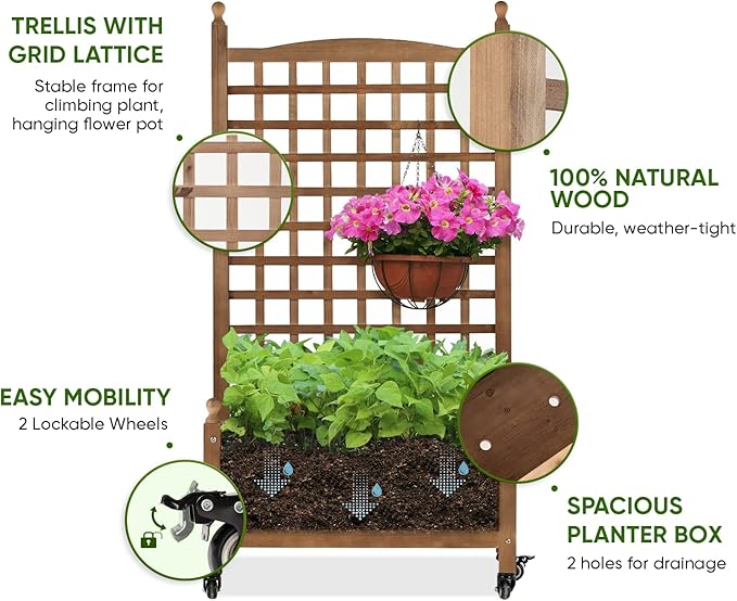 Idzo Raised Garden Bed with Trellis, Durable Oil Coated Planter with Trellis, 50 Inches Height Vertical Gardens Outdoors with Lockable Wheels and Convenient Non Woven Lining