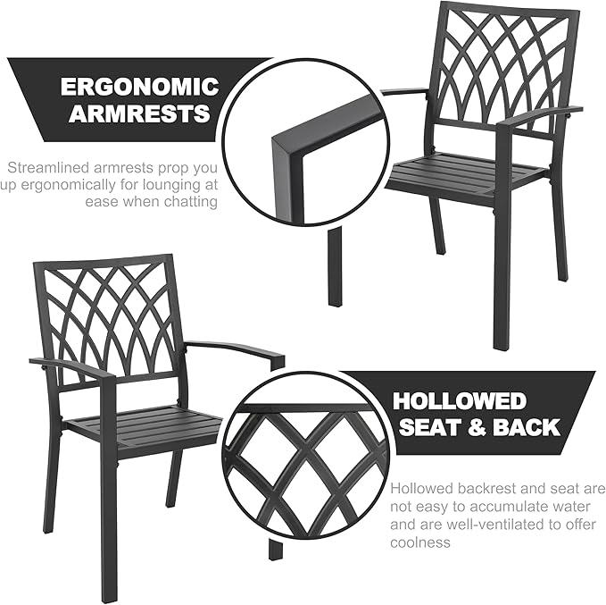 NUU GARDEN Outdoor Patio Dining Chairs Set of 2, Stackable Metal Patio Chairs with Armrests, Portable Dining Chairs for Backyard, Lawn, Deck, Porch, Poolside, Bistro, Black