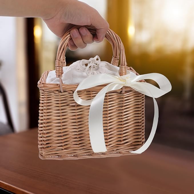 Baluue Rattan Woven Small Bag with Handle Decorative Flower Basket for Wedding Home and Garden Storage Portable Lightweight Wicker Purse 10.82X9.05X5.11 Inches