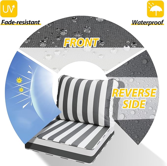 AAAAAcessories Outdoor Seat Cushions for Chairs, Fade-Resistant, Waterproof Patio Furniture Replacement Cushions, 24" x 24" x 5" + 24" x 19", Gray Cabana Stripe
