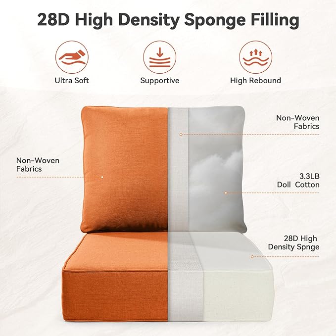 6" Thick Outdoor Cushions 22x24x6, 9-Set Deep Seat Patio Cushions with Removable Cover, Waterproof & Fade Resistant Replacement for Wicker Chair, Loveseat, Sofa - Orange
