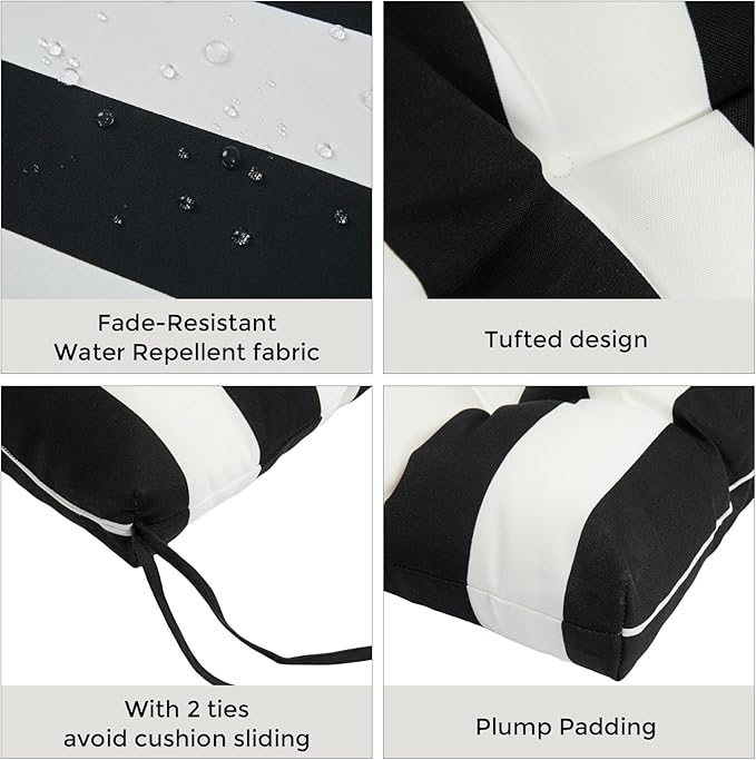 Outdoor High Back Chair Cushions Set of 2,Reversible Lawn Chair Cushion 44 x22 inch,Water Resistant Tufted Adirondack Chair Cushion,for Garden Rocking Chair,Patio Furniture(Black White Stripe)