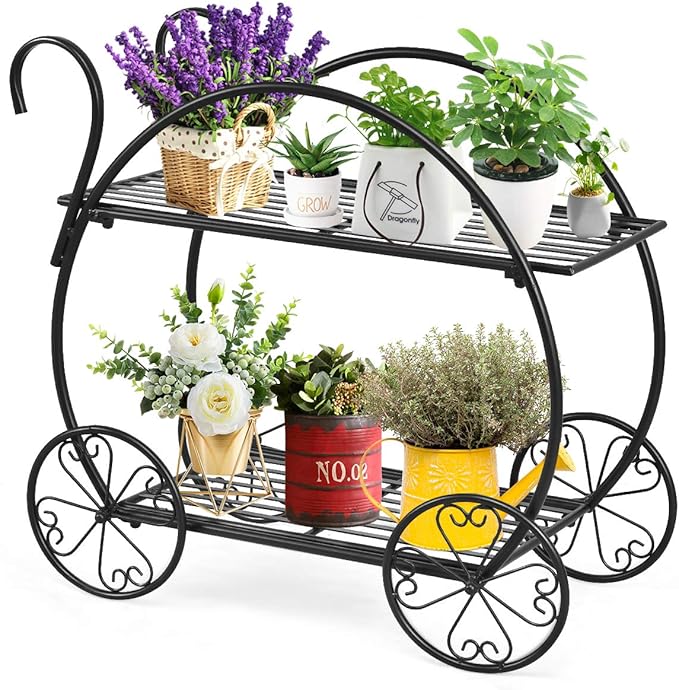 Giantex Garden Cart Metal Plant Stand with 4 Decorative Wheels, Succulent Collection Flower Pot Holder Display Shelf for Home Patio Garden Flower Shop, Parisian Style Plant Potted Rack (2-Tier)