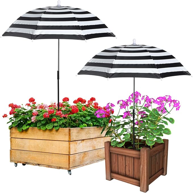 Abbylike 2 Set Plant Umbrellas for Outdoor Plants, Garden Umbrella Shade for Potted Plants and Garden Beds Plant Cover for Sun Summer Beach Terrace Lawn Swimming Pool (Stripe,Black and White)