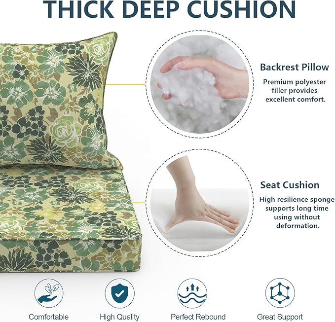 Outdoor Deep Seat Cushion Set, Water Repellent 24"x24" Patio Thick Cushions Replacement with Seat & Back Pillow for Patio Sofa, Wicker Chair, Couch - Green Rose