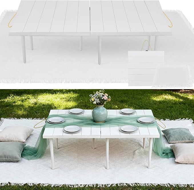 1 Set Low Picnic Table, Foldable Boho Picnic Table with Extra Large Outdoor Camping Blanket Portable Boho Wood BBQ Tables for Camping Wedding Beach BBQ Party (for 4 Person,White)