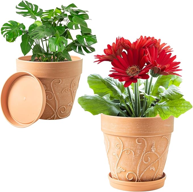 Melphoe Plant Pots Indoor with Drainage & Saucer, 2Pack 7/8 inch Flower Pots Outdoor Planters for Indoor Plants Garden Home Decor Cactus Succulent, Rigid Plastic (Imitation-Terracotta) Vine-Embossed
