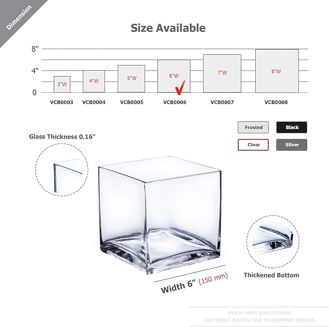 WGV Cube Glass Vase Bulk, Candle Holder, 6"x6"x6", Clear Elegant Floral Accent Container Planter Terrarium Storage for Wedding Party Ceremony Event Office Home Decor, 6 Pieces