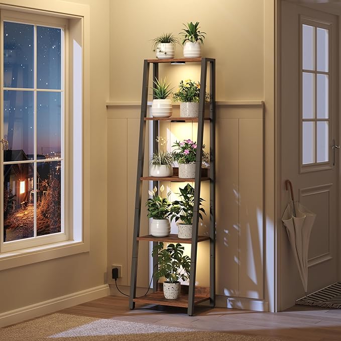 Plant Stand with Grow Light, 5 Tier Plant Shelf with Timer for Indoor Plants, Ladder Shape Flower Rack with Raised Back Edges, for Living Room, Balcony, Rustic Brown and Black PSHR05E01