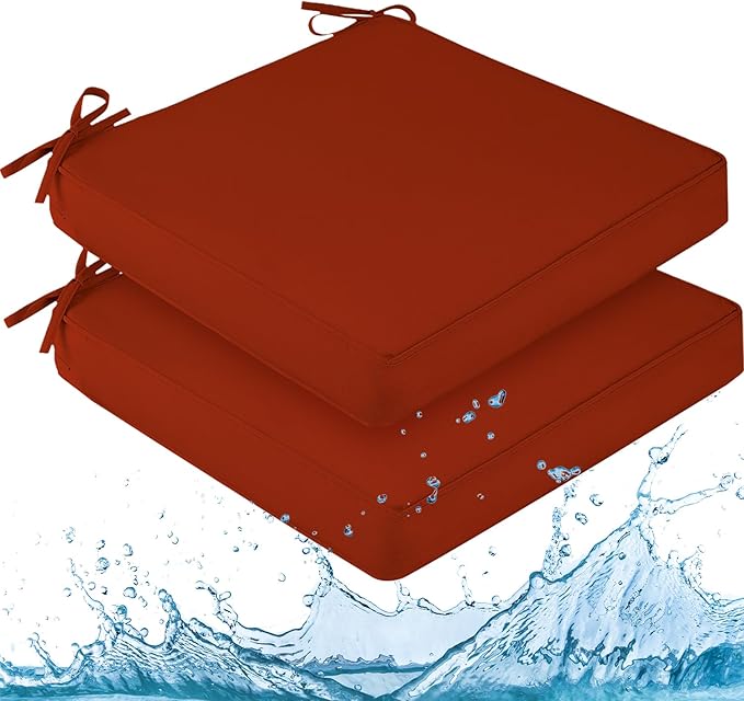 downluxe Waterproof Outdoor Chair Cushions for Patio Furniture, 24" x 24" x 4" Patio Chair Cushion with Adjustable Ties & Portable Handle, Square Outdoor Cushion with Removable Cover, Orange, 2 Pack