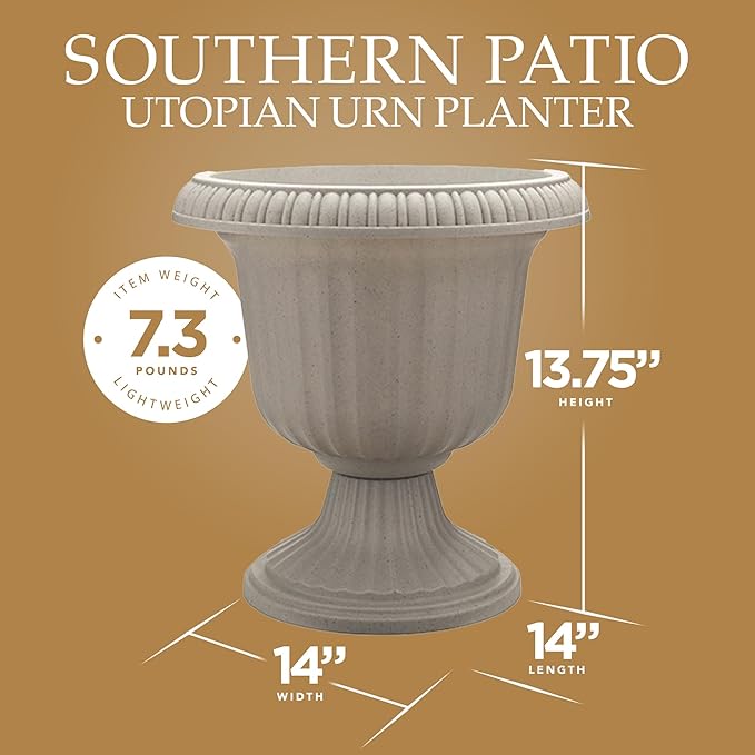 Southern Patio 14 Inch Large Outdoor Home Lightweight Plastic Utopian Urn Flower Planter Pot for Entryways and Backyard Patios, Stone