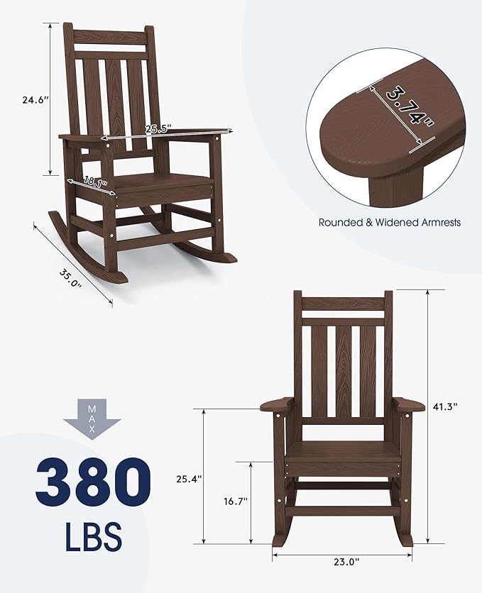 KINGYES Outdoor Rocking Chair Set of 2, All-Weather Patio Rocking Chairs for Porch, HDPE Rocking Outdoor Chairs with High Back for Adult, Heavy Duty Outdoor Patio Rockers for Garden, Lawn, Coffee