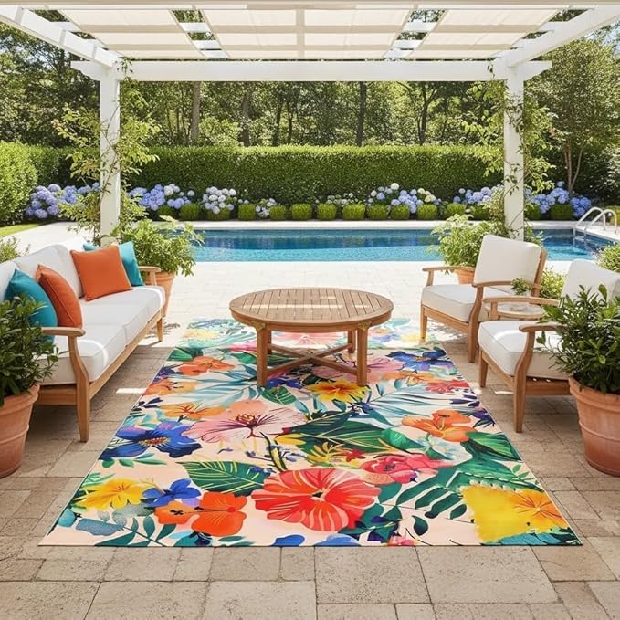 Tropical Boho Plants Flowers Print Outdoor Rug for Deck Patio Balcony Garden Waterproof Pink Blue Green Multi Botanical Floral Outside Carpet Large Thin Washable Foldable Camping Backyard Rugs 5x7