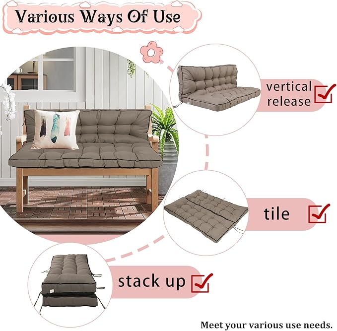 2-3 Seat Swing Replacement Cushion, Outdoor Bench Cushions with Backrest Thicken 4", Patio Furniture Garden Porch Loveseat Glider Pad Anti-Fading Waterproof (Khaki, 40x55in)