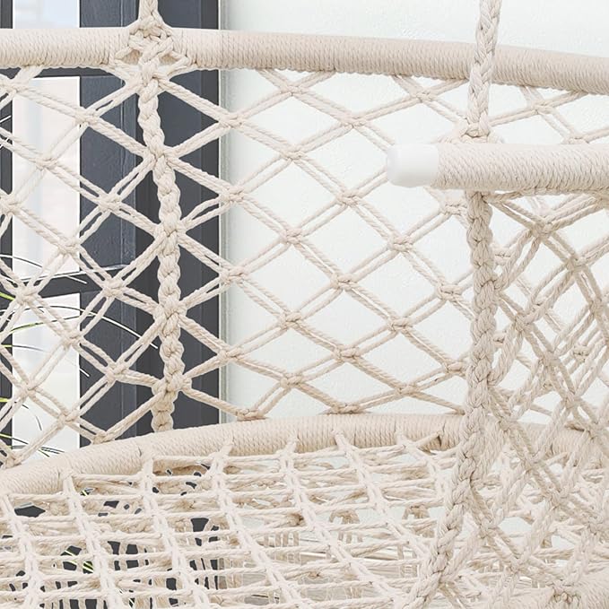 Athena Collection Hammock Swing Chair with Cushion, Outdoor Macrame Chair with Mounting Hardware, Max 350 Lbs, Large Cotton Rope Hanging Chair for Outdoor Indoor Porch Garden, Beige