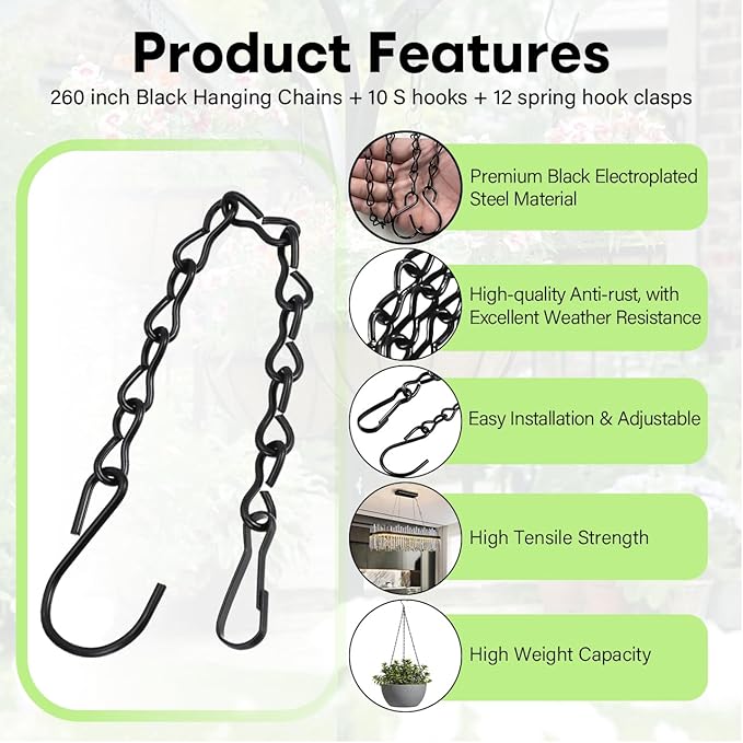 260inch Black Metal Hanging Chains with Hanging Basket Hooks Set for Planters,Birdcage,Birds Feeder,Grow Lights,Lanterns,Billboards,Wind Chime and Ornaments,Chain Hooks DIY,Black